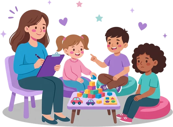 Niñas y niños jugando juntos durante una sesión en grupo